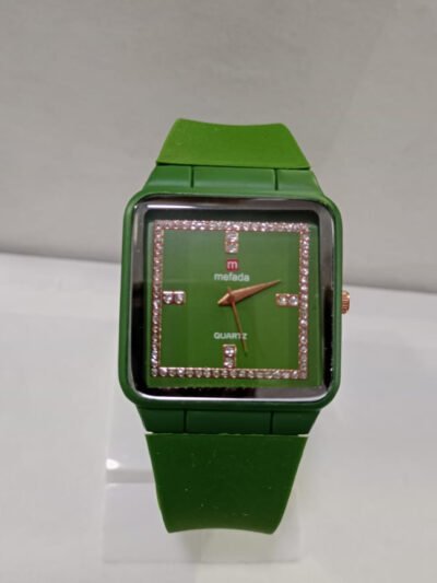 Green Melada Quartz Watch With Square Crystal Studded Dial Providing Durable Quality Stylish Appearance